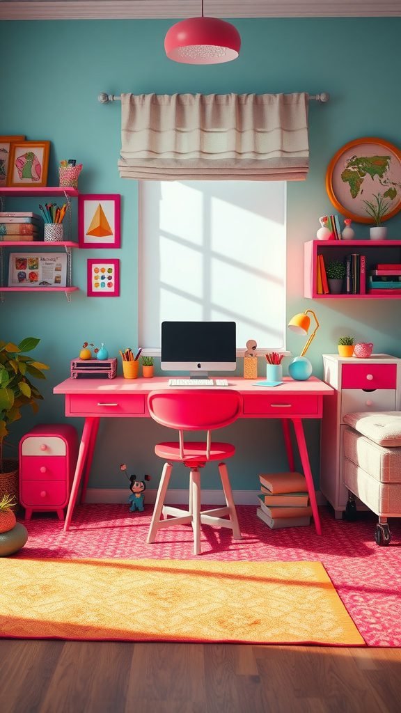 A bright and colorful desk in a bedroom setting with teal walls and pink accents. Bedroom Ideas with Desks