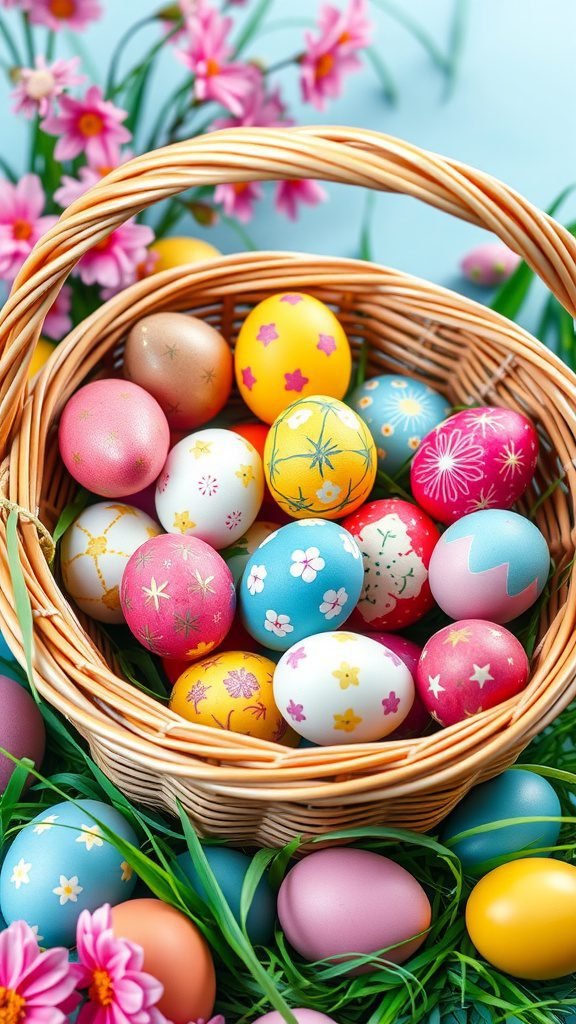A basket filled with colorful Easter eggs surrounded by flowers and grass