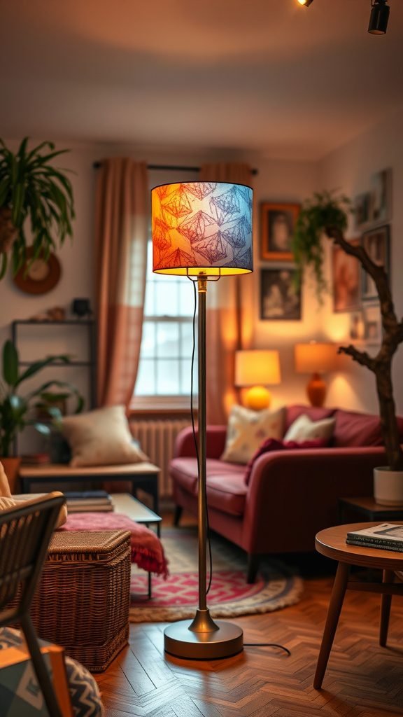 A colorful floor lamp with a patterned shade in a cozy living room setting.