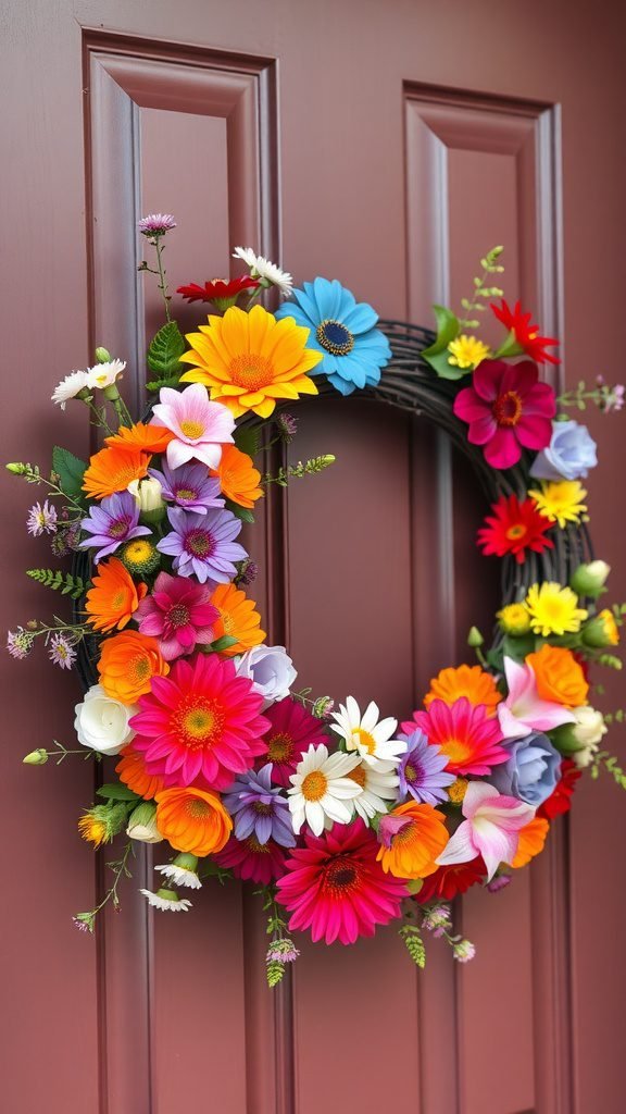 A colorful floral spring wreath with various bright flowers hanging on a dark red door. Spring Wreaths