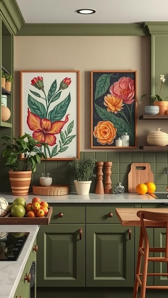 35 Stunning Olive Green Kitchen Ideas for a Stylish Makeover A cozy olive green kitchen featuring colorful floral artwork, fresh fruits, and plants.