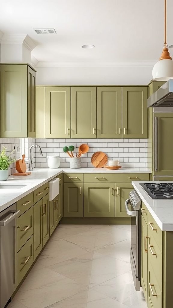 35 Stunning Olive Green Kitchen Ideas for a Stylish Makeover An olive green kitchen featuring modern cabinets, white countertops, and a bright ambiance.