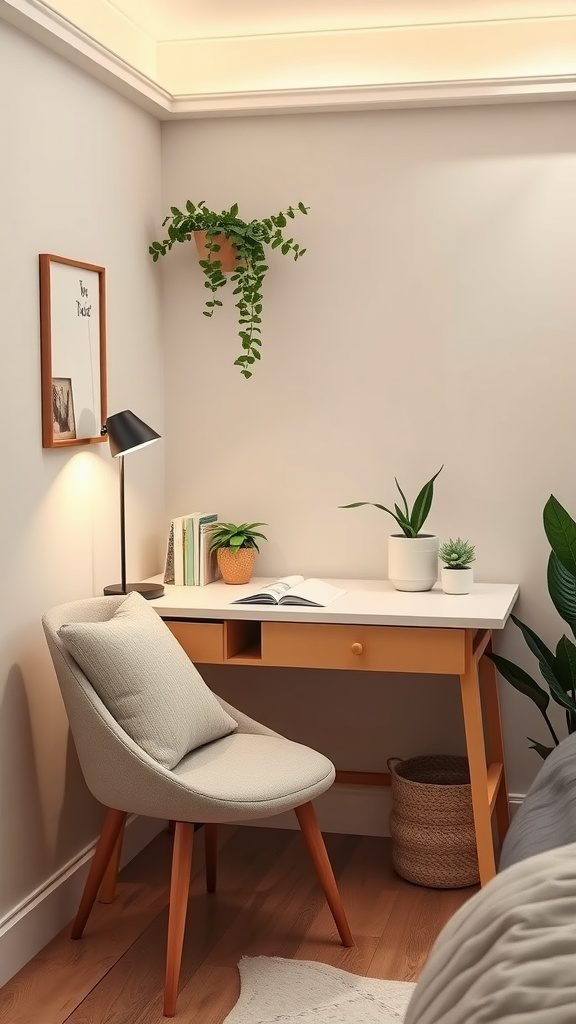A cozy corner desk in a small bedroom with plants and decor. Bedroom Ideas with Desks