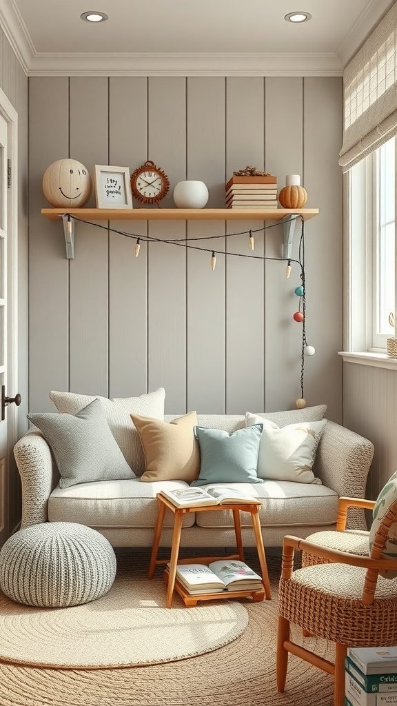 Cozy reading nook with a soft sofa, pastel pillows, a small wooden table, and playful decor on the wall