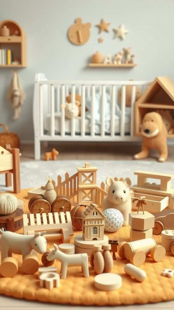 A cozy baby room with a collection of crafted wooden toys on a textured mat, featuring a crib and warm decor.