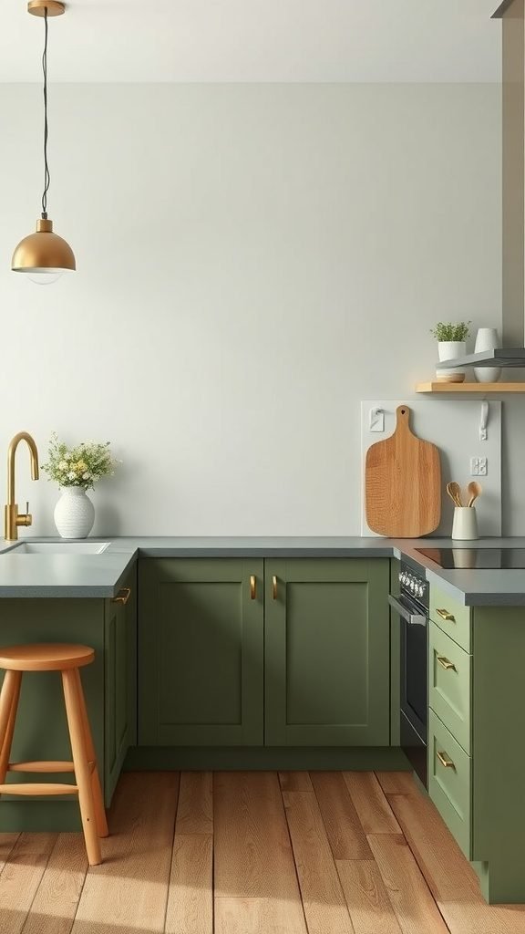 35 Stunning Olive Green Kitchen Ideas for a Stylish Makeover A minimalist olive green kitchen featuring sleek cabinets, gray countertops, and wooden flooring.