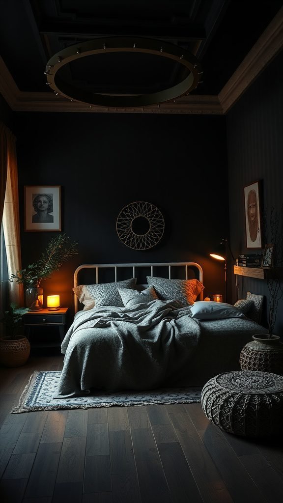 A cozy dark boho bedroom with layered bedding, ambient lighting, and woven decor.