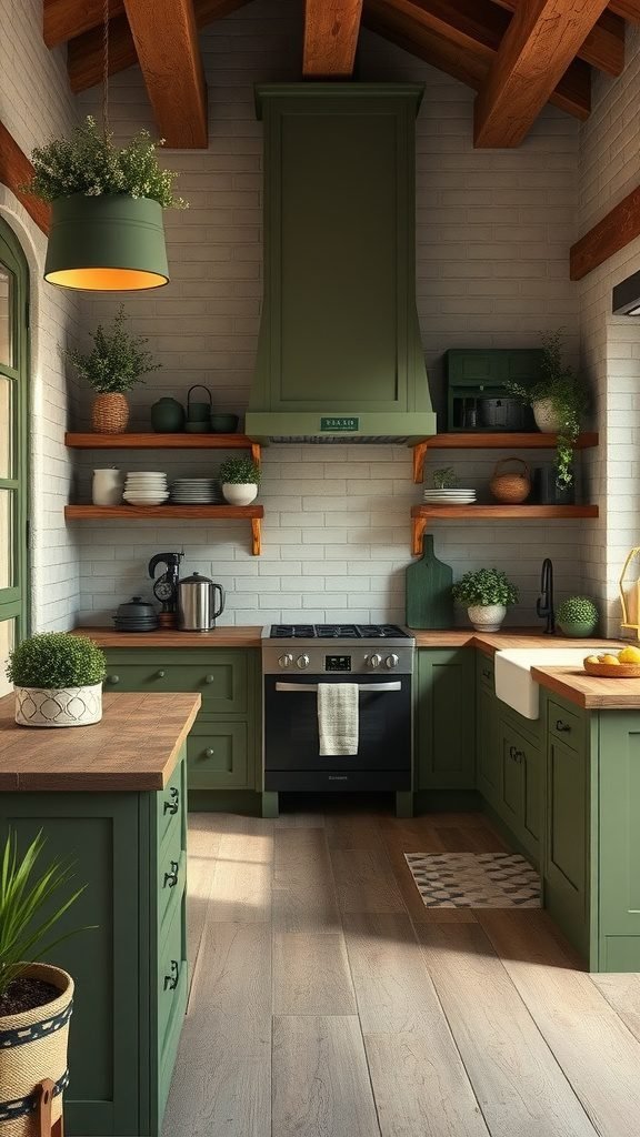 35 Stunning Olive Green Kitchen Ideas for a Stylish Makeover A cozy olive green kitchen featuring wooden beams, open shelves with plants, and rustic decor.