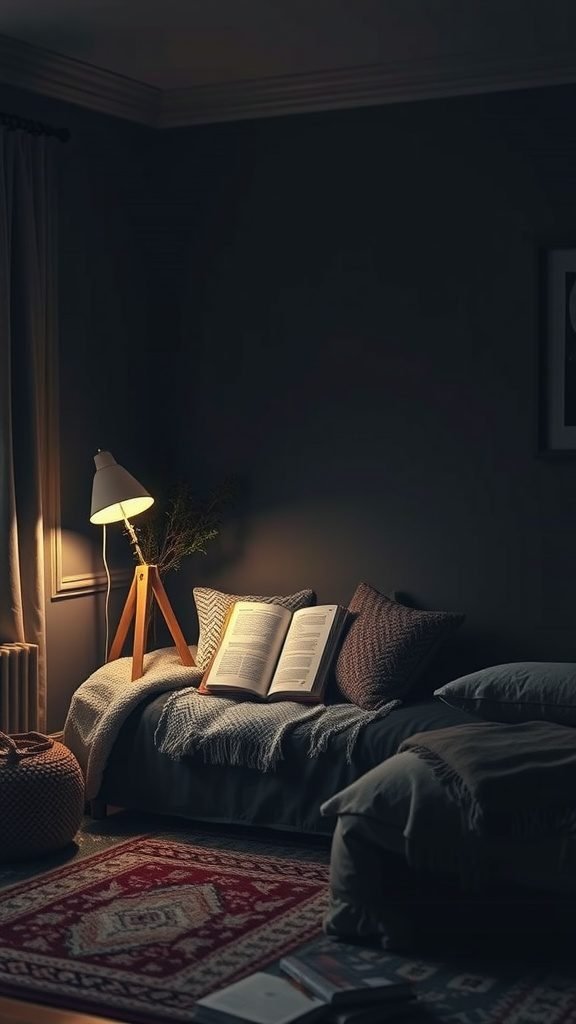 A cozy reading nook in a dark boho bedroom featuring a comfy sofa, a lamp, and an open book.