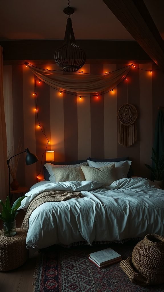A dark boho bedroom featuring warm string lights, a cozy bed with soft pillows, and natural decor elements.