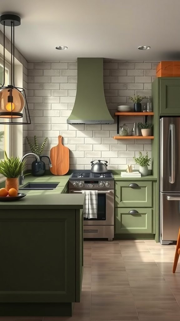 35 Stunning Olive Green Kitchen Ideas for a Stylish Makeover Stylish olive green kitchen with wooden accents and plants