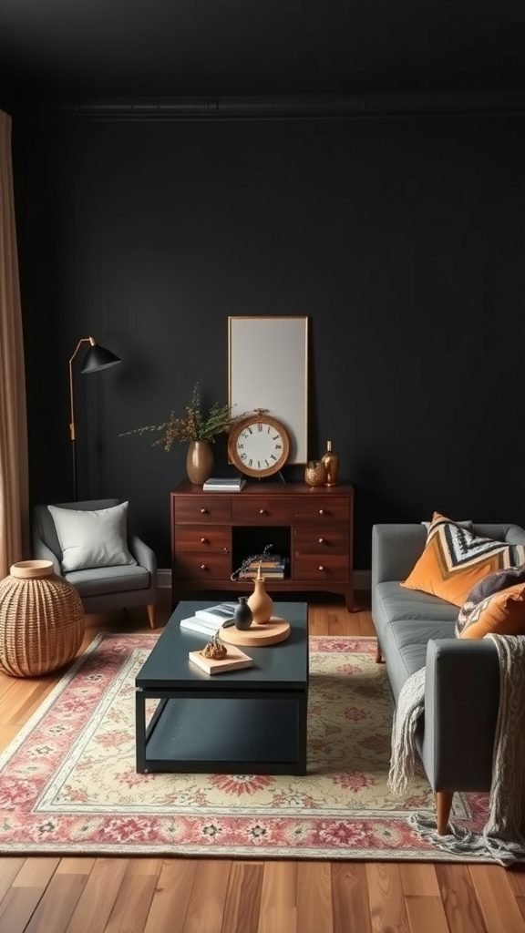 A cozy dark boho bedroom with balanced furniture arrangement.
