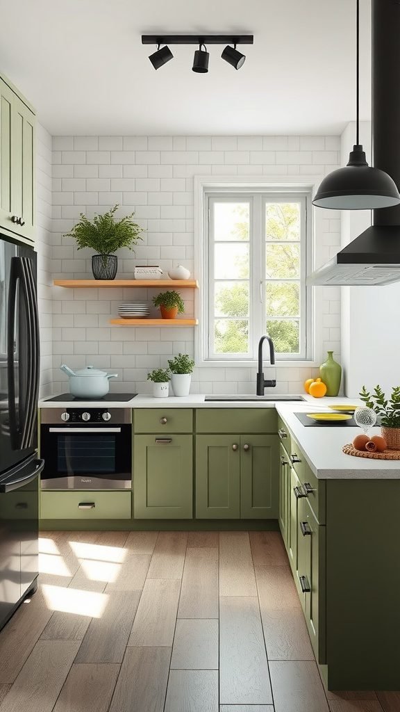 35 Stunning Olive Green Kitchen Ideas for a Stylish Makeover A stylish olive green kitchen with white tiled walls and natural light