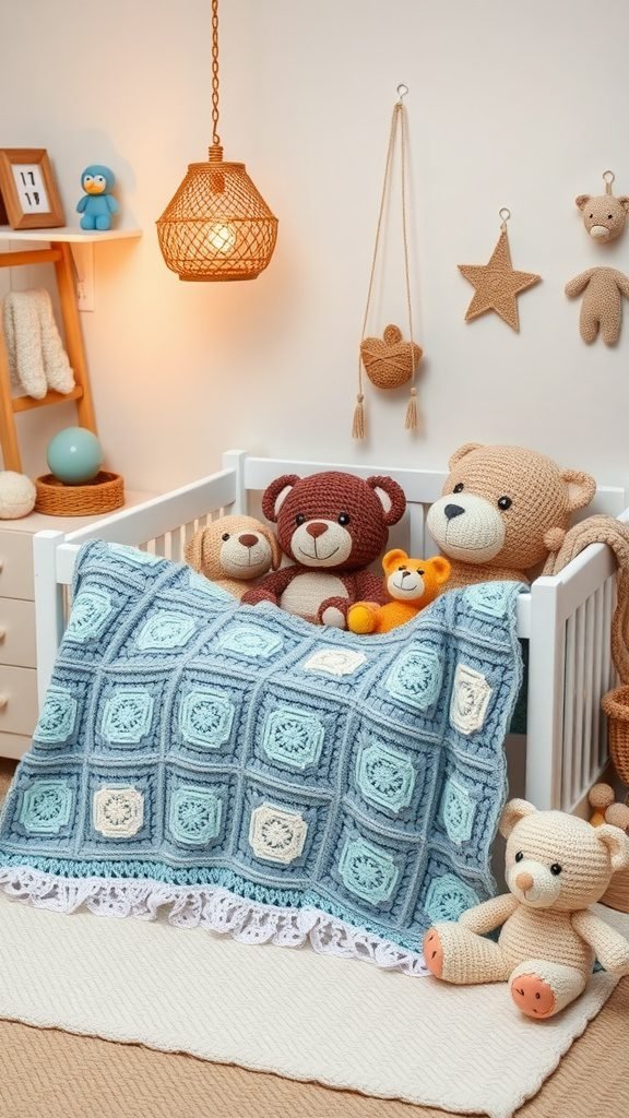 A cozy baby room featuring a crocheted blanket and soft toys in a crib.