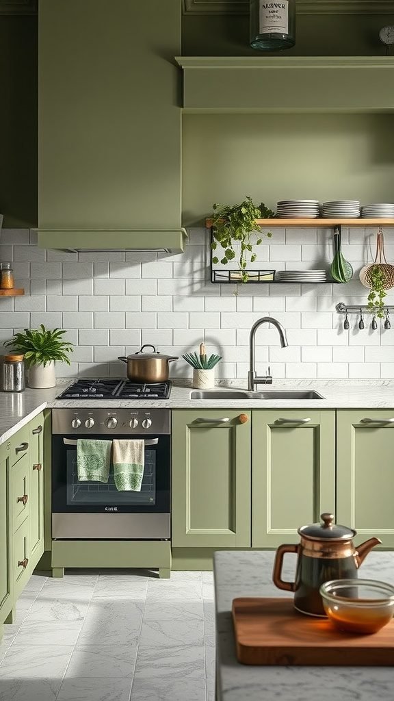 35 Stunning Olive Green Kitchen Ideas for a Stylish Makeover An olive green kitchen featuring modern cabinetry, a stove, open shelving, and plants.