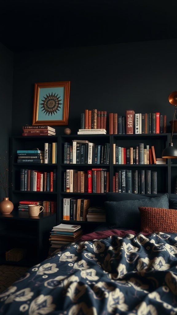 A curated collection of books in a dark boho bedroom, showcasing dark walls, a cozy bed, and decorative elements.