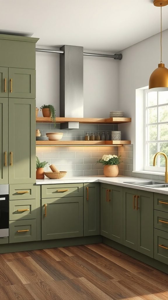 35 Stunning Olive Green Kitchen Ideas for a Stylish Makeover Olive green kitchen with custom cabinets and wooden shelves