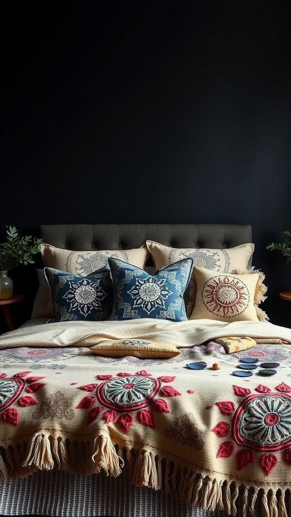 A cozy dark boho bedroom featuring customized bedding and pillows with intricate designs on a bed with a dark wall background.