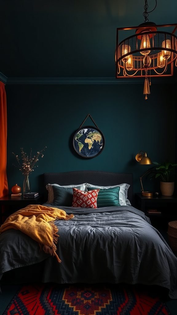A beautifully styled dark boho bedroom featuring teal walls, orange curtains, and a cozy bed with colorful pillows.