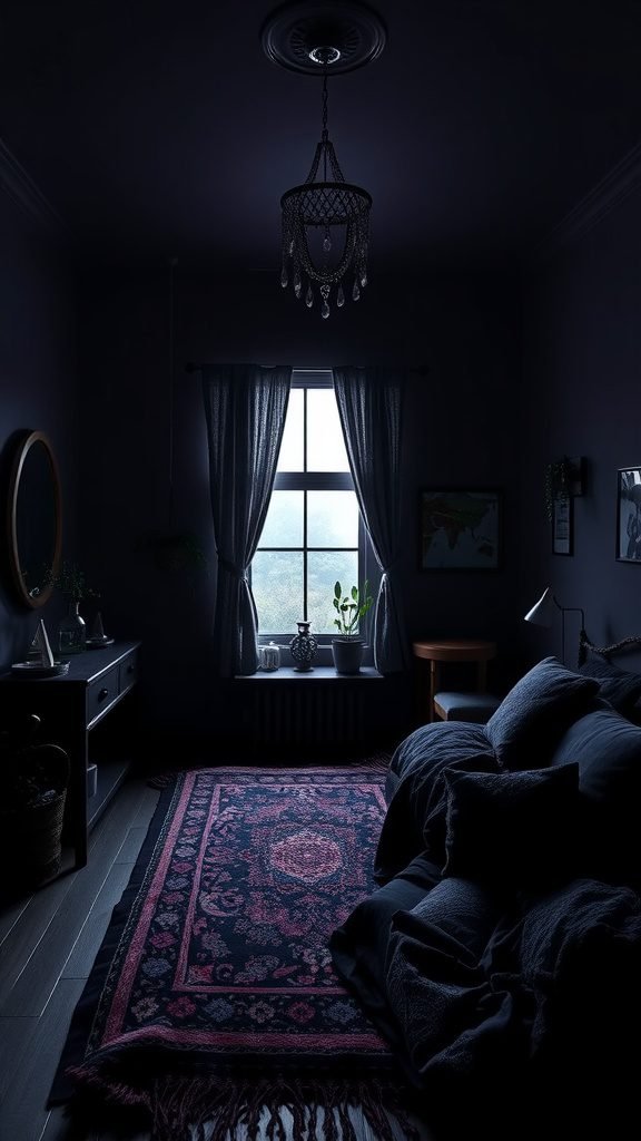 A dark boho bedroom featuring deep colors, a plush patterned rug, and soft bedding.
