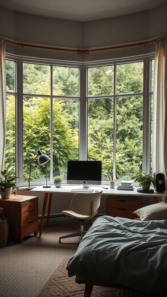 A cozy bedroom featuring a desk with a computer next to large windows overlooking greenery.