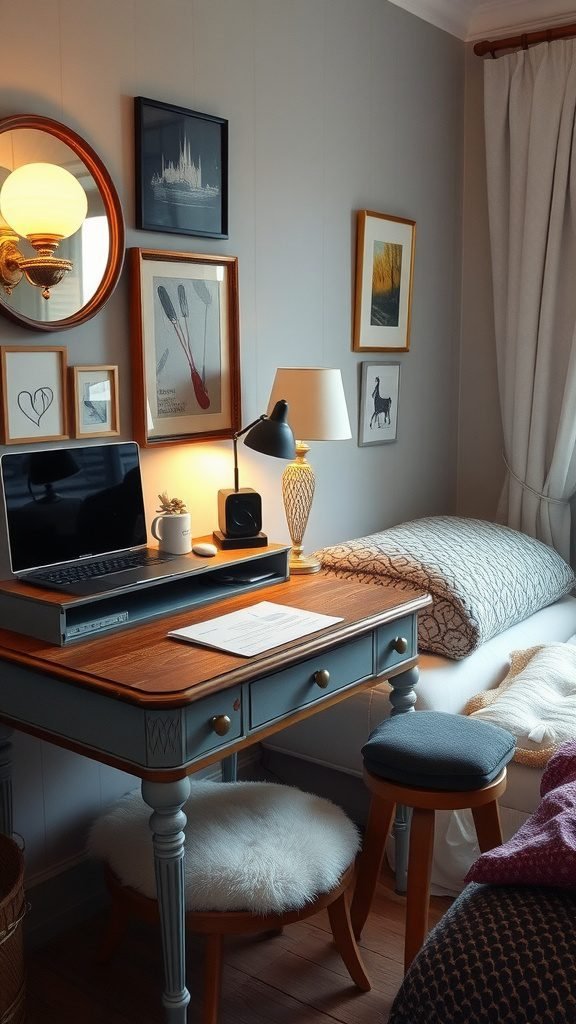 A vintage wooden desk with a modern chair, speakers, and a clock, set in a cozy bedroom.