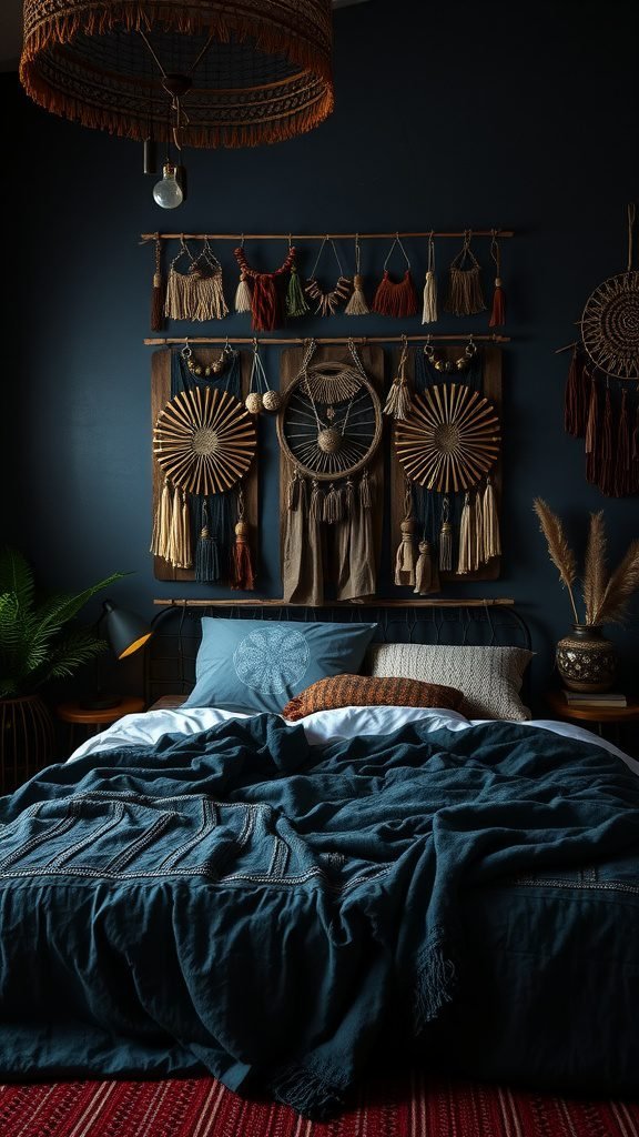 A dark bohemian bedroom featuring a textured wall decor with macrame and woven elements, a cozy bed with layered blankets, and soft lighting.