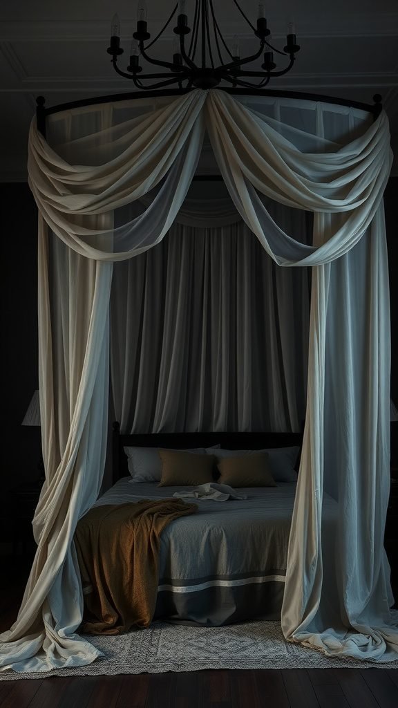 A dramatic canopy bed in a dark boho bedroom with flowing fabric and a chic chandelier.