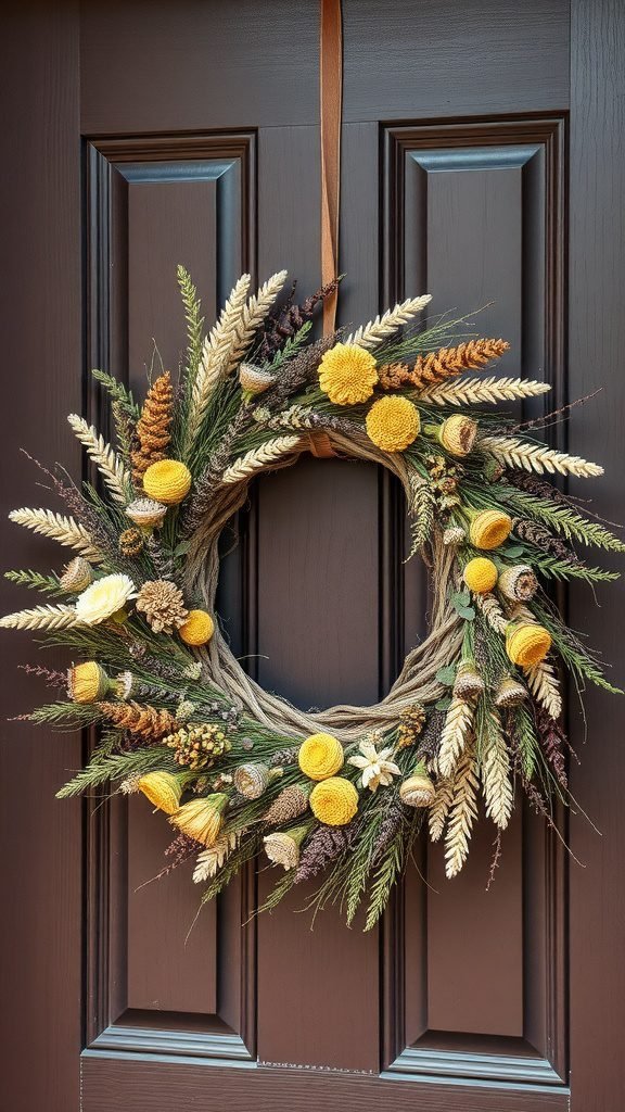 A dried flower and herb wreath with vibrant yellow flowers and earthy greens, hanging on a dark door.