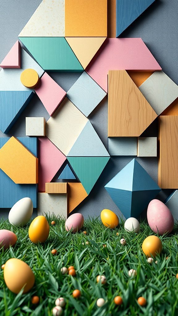 Easter-themed wallpaper featuring geometric shapes and colorful Easter eggs on grass