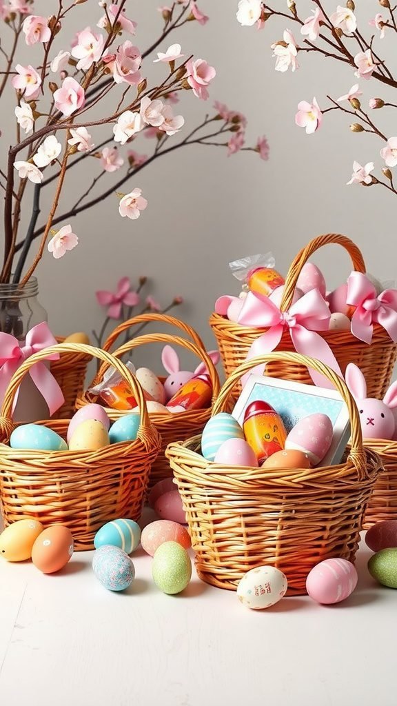 Colorful Easter baskets filled with decorated eggs and pink flowers in the background.
