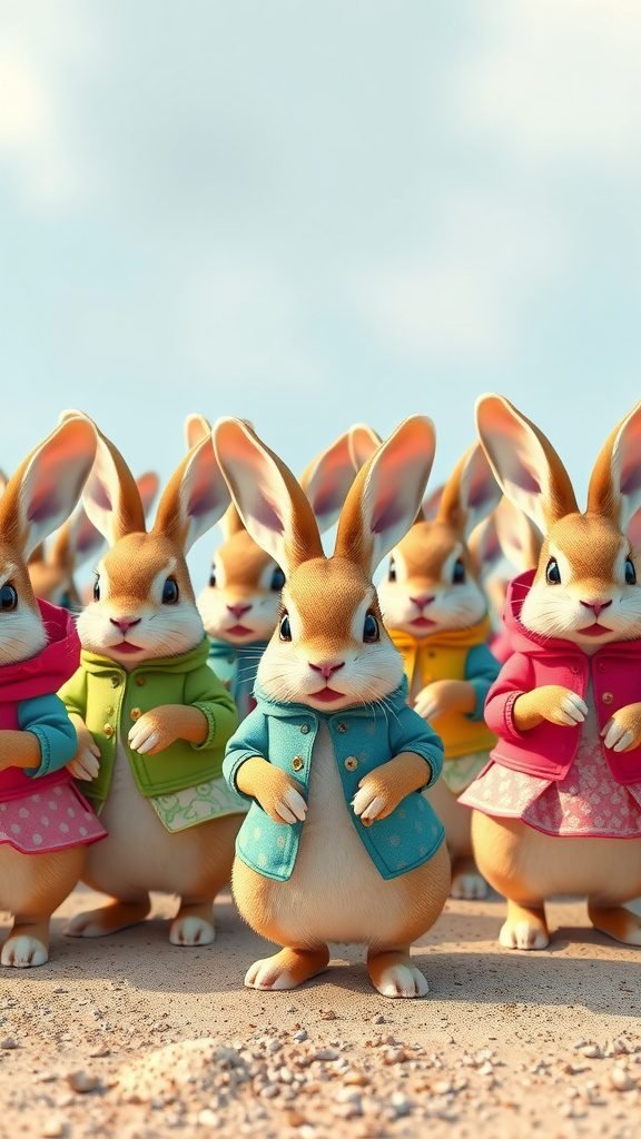 A parade of colorful bunnies dressed in jackets, celebrating Easter.