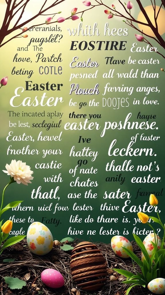 A colorful Easter wallpaper featuring playful lettering and decorative elements like eggs and flowers.