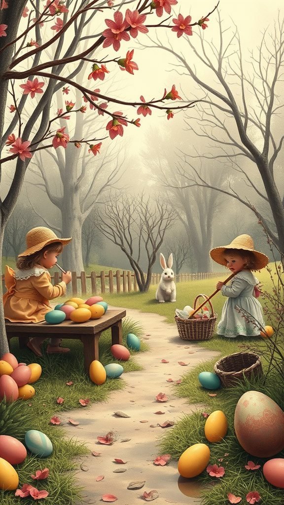 Children playing in a garden during Easter, surrounded by colorful eggs and a bunny.