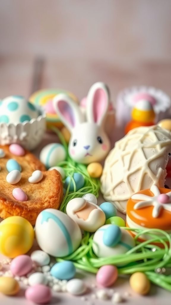 An assortment of colorful Easter treats including bunny figures, decorated eggs, and candies.