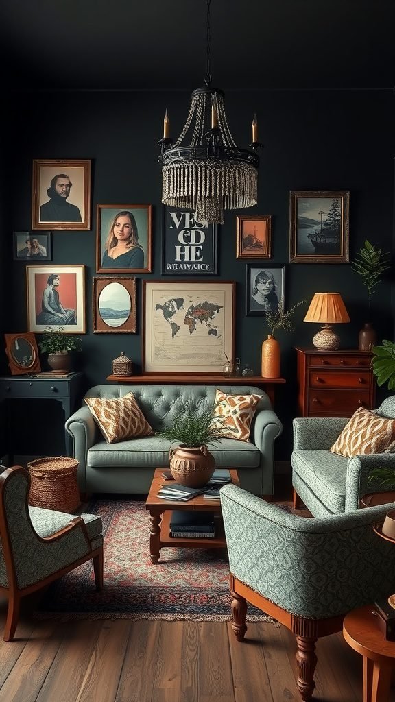 An eclectic dark boho bedroom featuring green sofas, vintage art on dark walls, and natural decor.