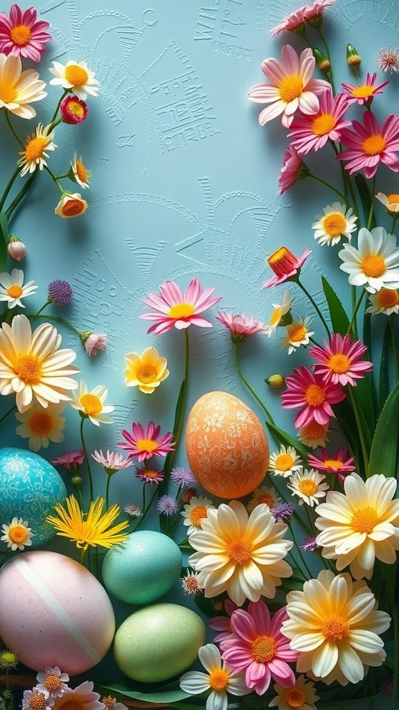 A colorful collage of Easter eggs surrounded by vibrant flowers on a soft blue background.