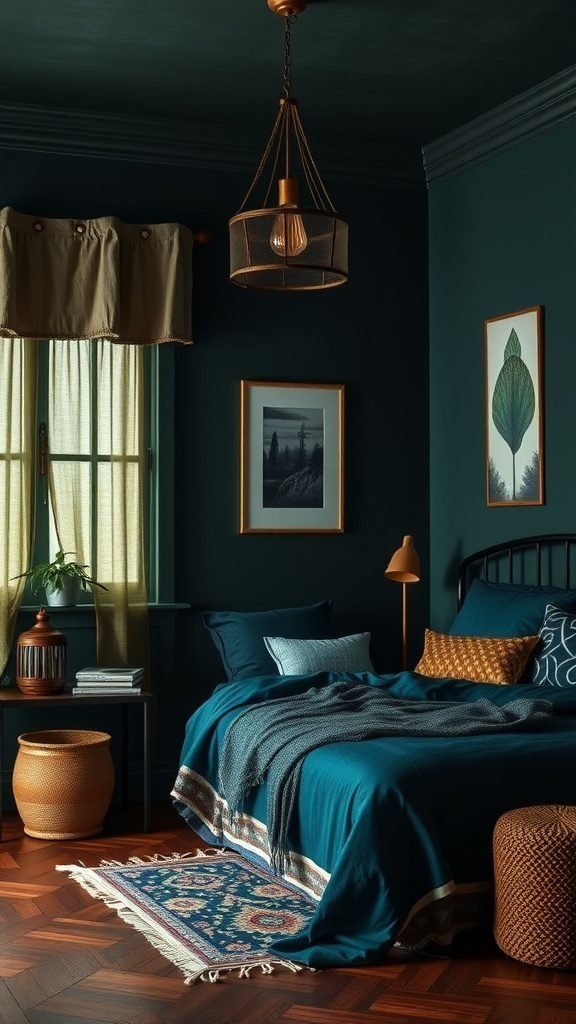 A dark boho bedroom featuring deep navy walls, layered bedding, warm lighting, and natural decor.