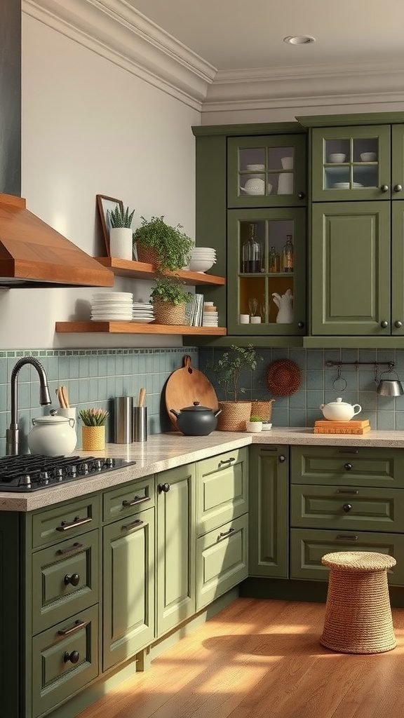 35 Stunning Olive Green Kitchen Ideas for a Stylish Makeover A cozy olive green kitchen with wooden shelves, natural light, and plants, showcasing a warm and inviting atmosphere.