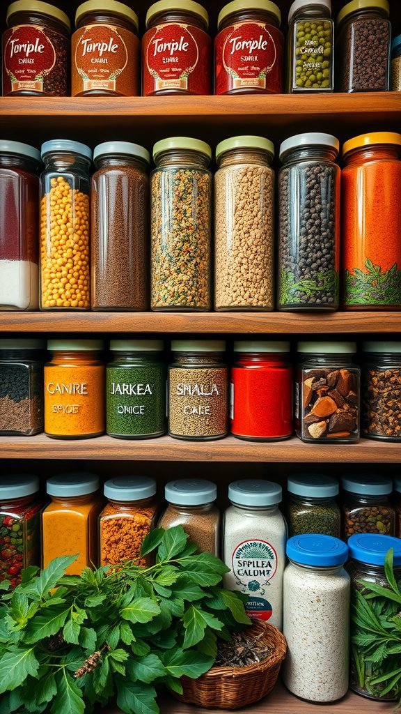 A well-organized spice rack with colorful jars containing various spices, herbs, and exotic ingredients.