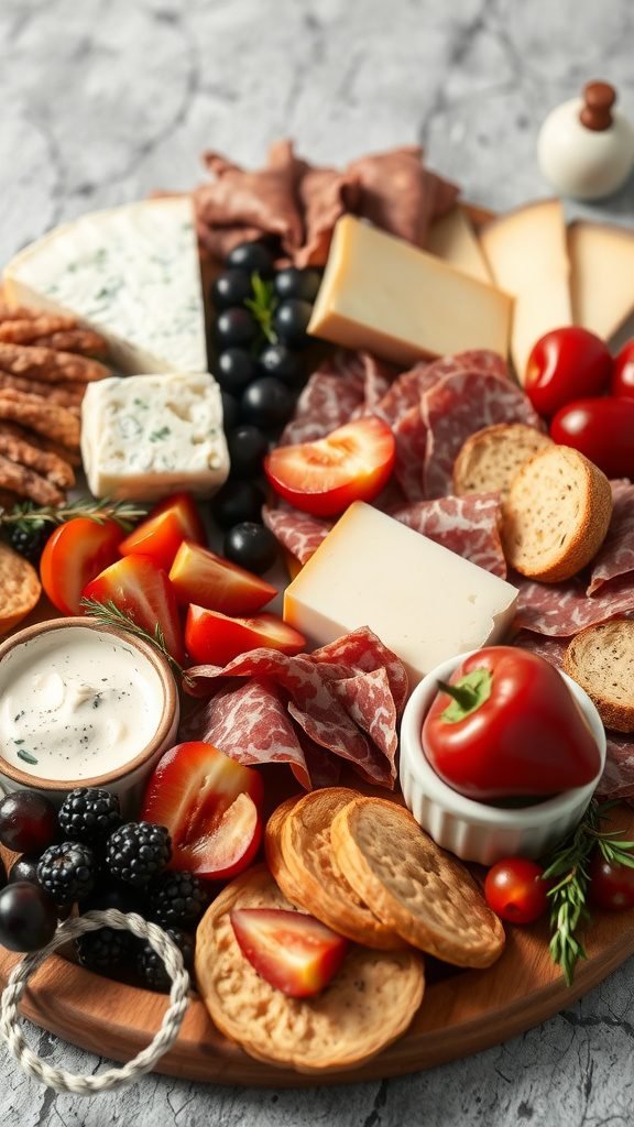 A beautifully arranged charcuterie board with various cheeses, meats, fresh vegetables, and fruits on a wooden platter.