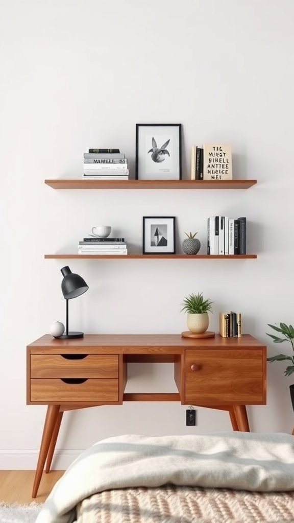 A cozy bedroom featuring a wooden desk with floating shelves above, displaying books and decorative items.