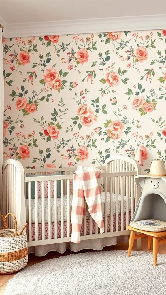 A cozy baby room featuring floral wallpaper with pink roses, a wooden crib, and a playful accent chair.
