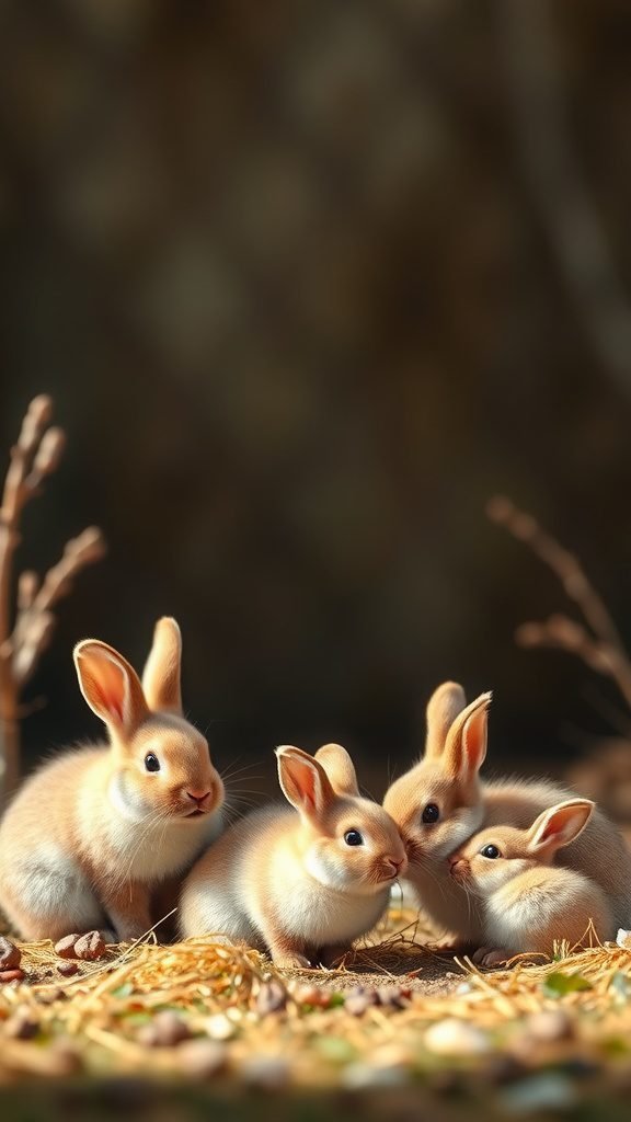 A family of fluffy bunnies gathered together on a soft bed of straw.
