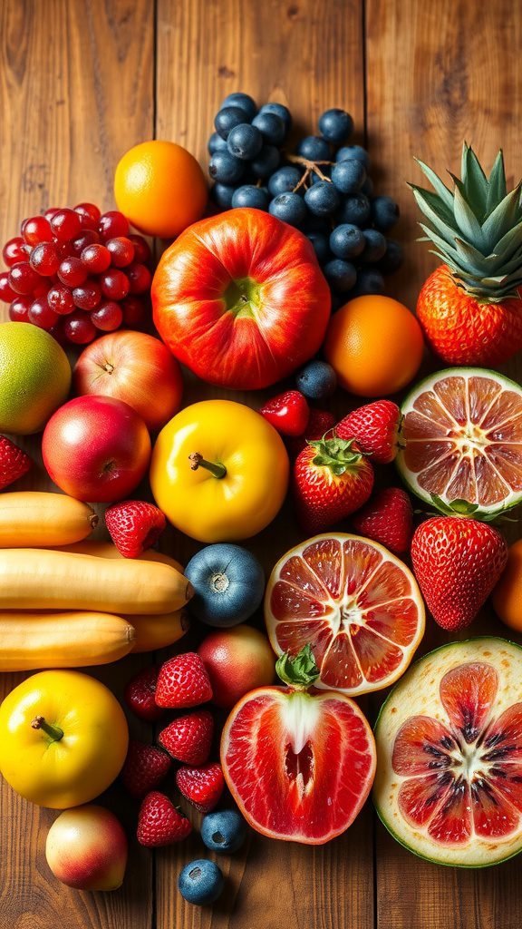 A colorful medley of fresh fruits including strawberries, apples, grapes, and citrus on a wooden surface.