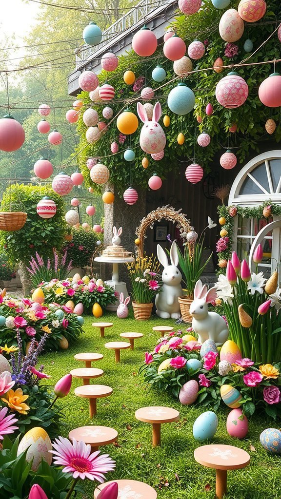 A beautifully decorated garden with pastel Easter ornaments, bunnies, and colorful flowers.