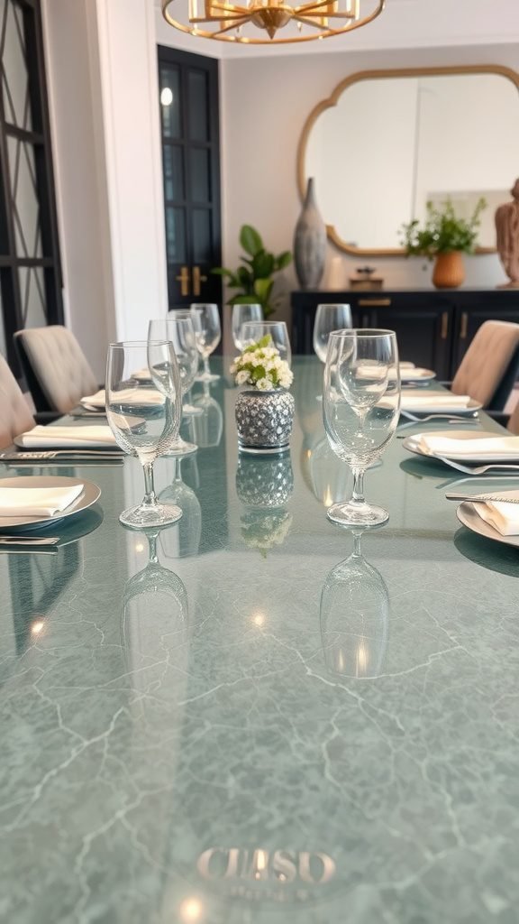 A stylish dining table with a textured glass surface, elegantly set with tableware and surrounded by modern chairs.