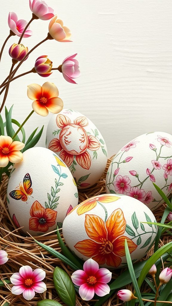 Colorful hand-painted Easter eggs surrounded by flowers