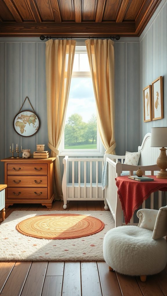 A cozy cottagecore baby room featuring hand-painted furniture, a crib, a round rug, and warm lighting.