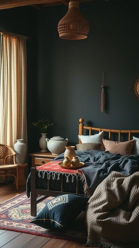 A dark bohemian styled bedroom featuring a wooden bed, woven lamp, decorative pillows, and handcrafted pottery.